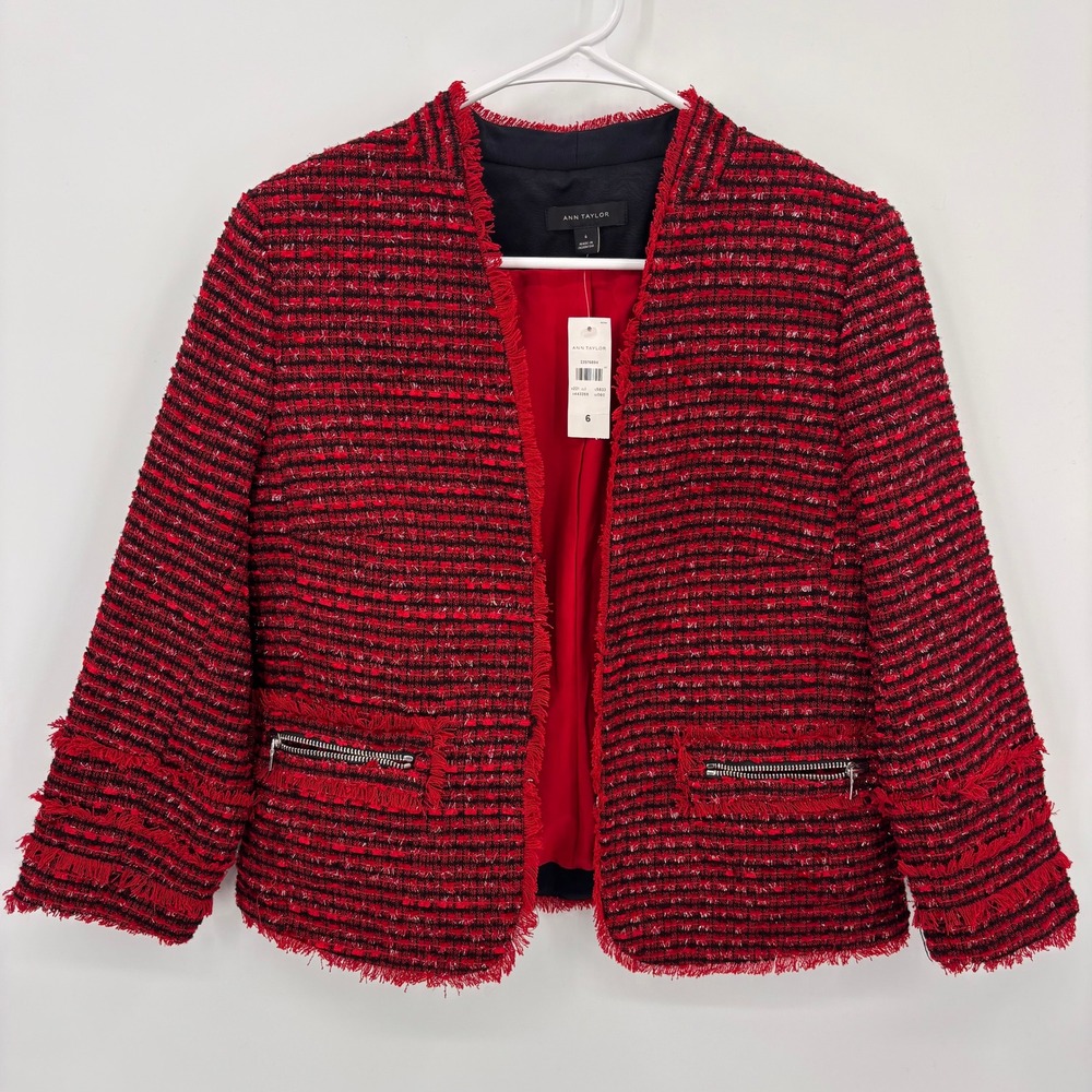 Ann Taylor Tweed Jacket Women 6 Red NEW Striped Fringe Metallic Zip Pockets